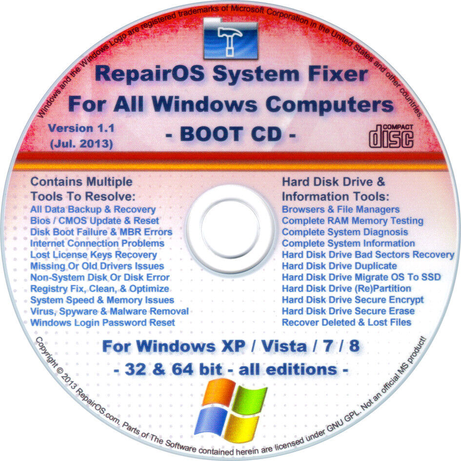 WINDOWS XP/Vista/7/8 Repair & Recovery BOOT CD Disk: Drivers, Internet, Registry