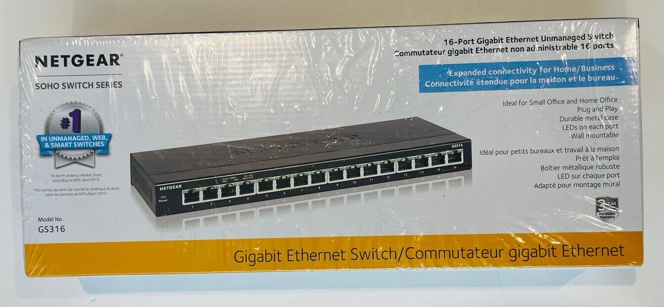 NETGEAR GS316-100NAS 16-Port Gigabit Ethernet Unmanaged Switch, Model GS316
