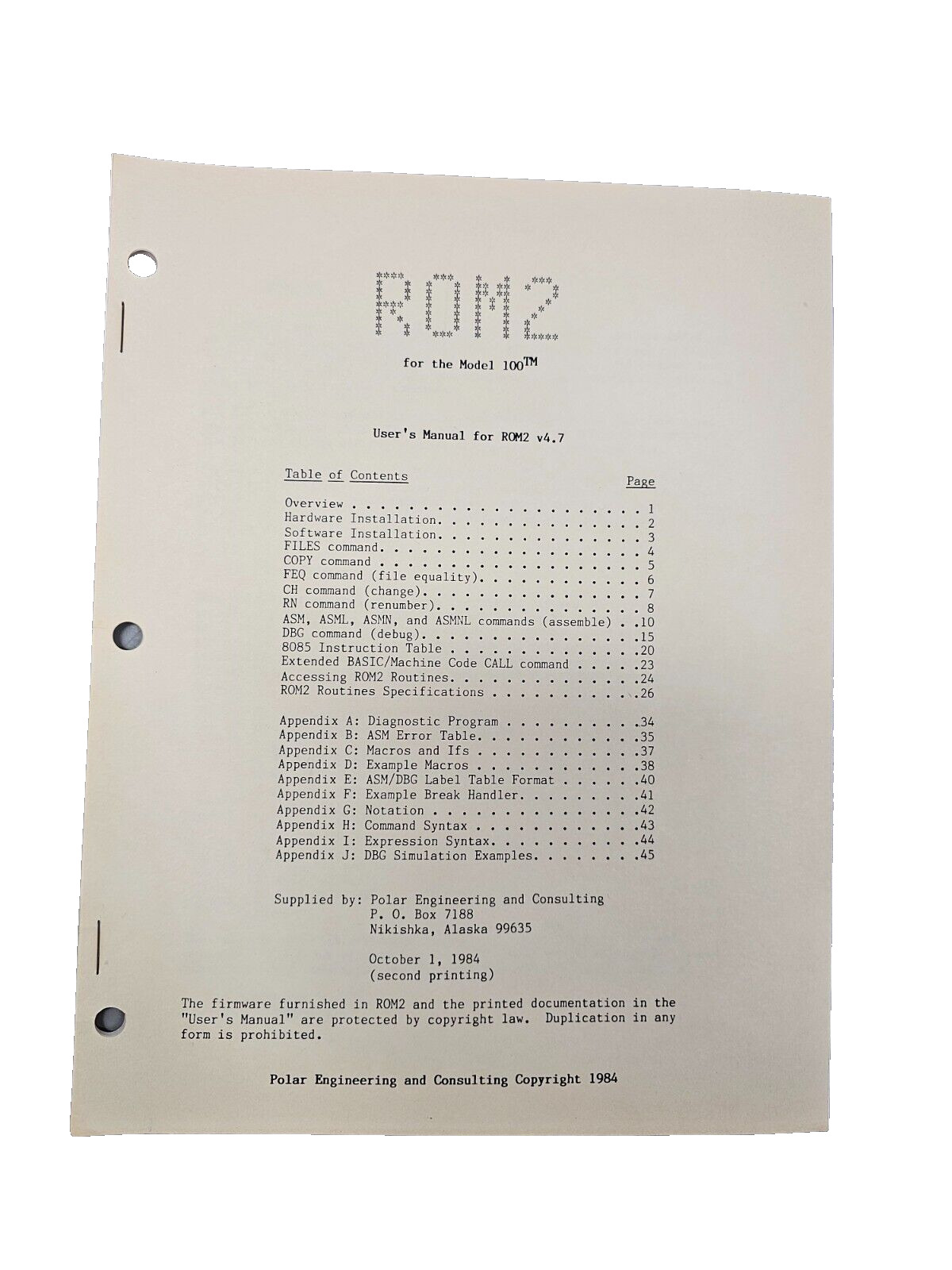 Vintage 1984 Polar Engineering ROM2 v4.7 User's Manual for Model 100