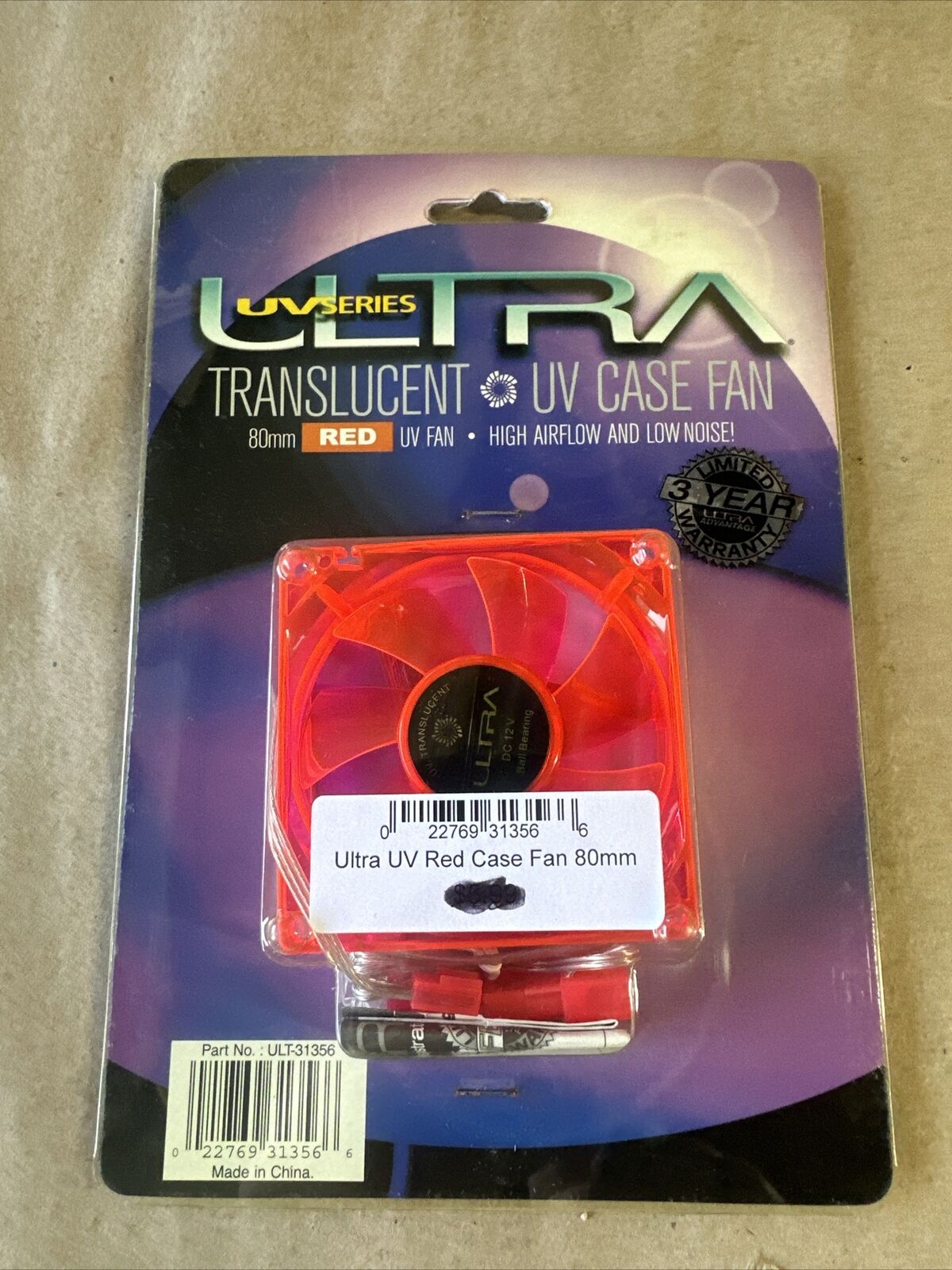 UV Case Fan Ultra ULT31356 Translucent 12VDC 80mm Red. 2-X