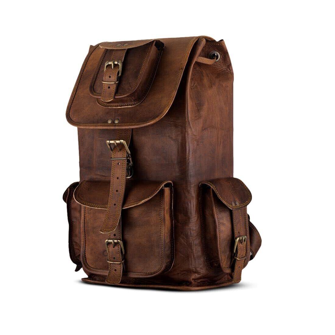 Handmade Brown Vintage Full Grain Goat Leather Backpack Laptop Rucksack Bag.