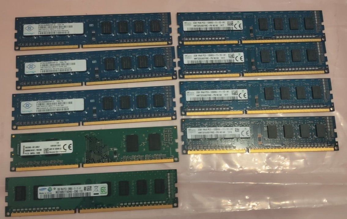Lot of 9 Mixed Brands 2GB PC3-12800U DDR3 Desktop Memory Modules 1600MHz 1Rx8