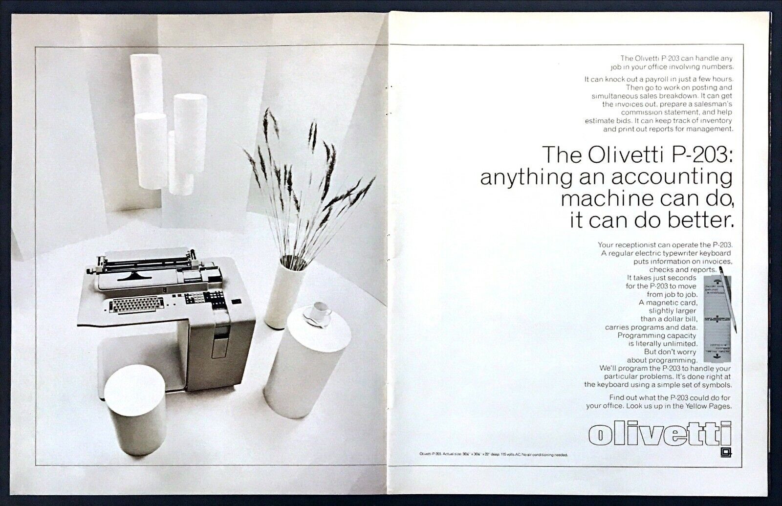 1969 Olivetti P-203 Accounting Machine photo Does Better 2-page vintage print ad