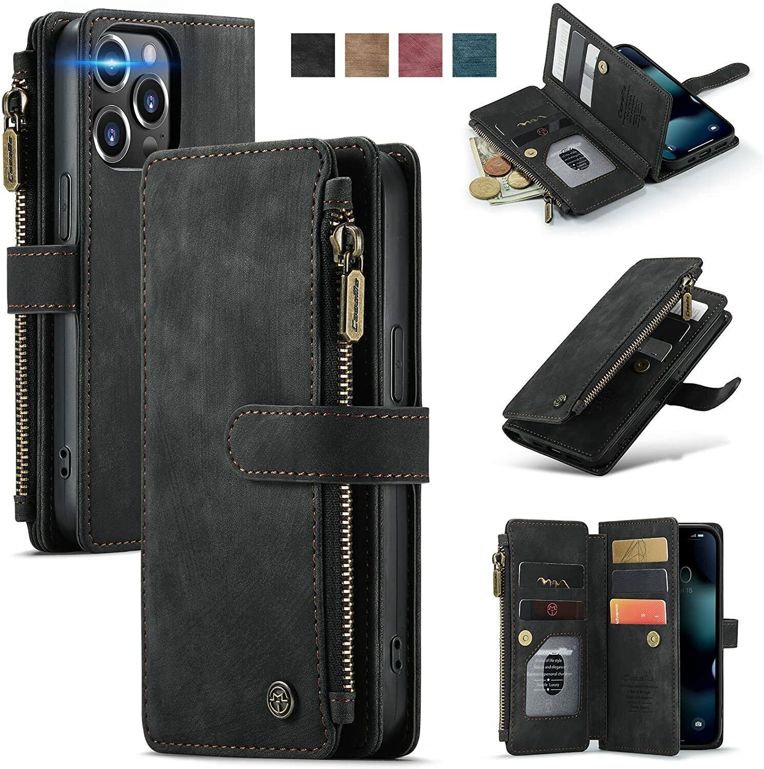 Flip Leather Zipper Card Wallet Cover Case For 11 12 13 14 Pro Max XR XS 7 8 SE