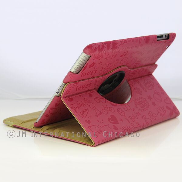 Hot Pink 360 Rotating Embossed Cartoon Leather Case Smart Cover iPad 4 4G 2 3 