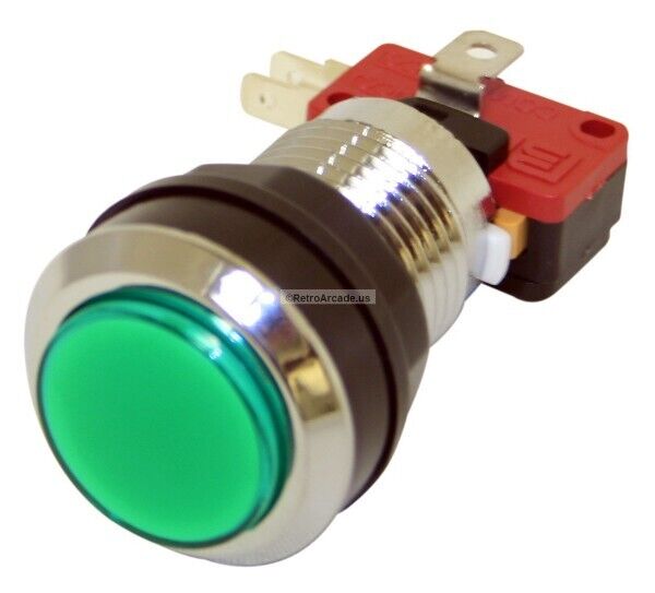 Green Long Length Illuminated chrome ring Arcade Game Push Button w/ microswitch
