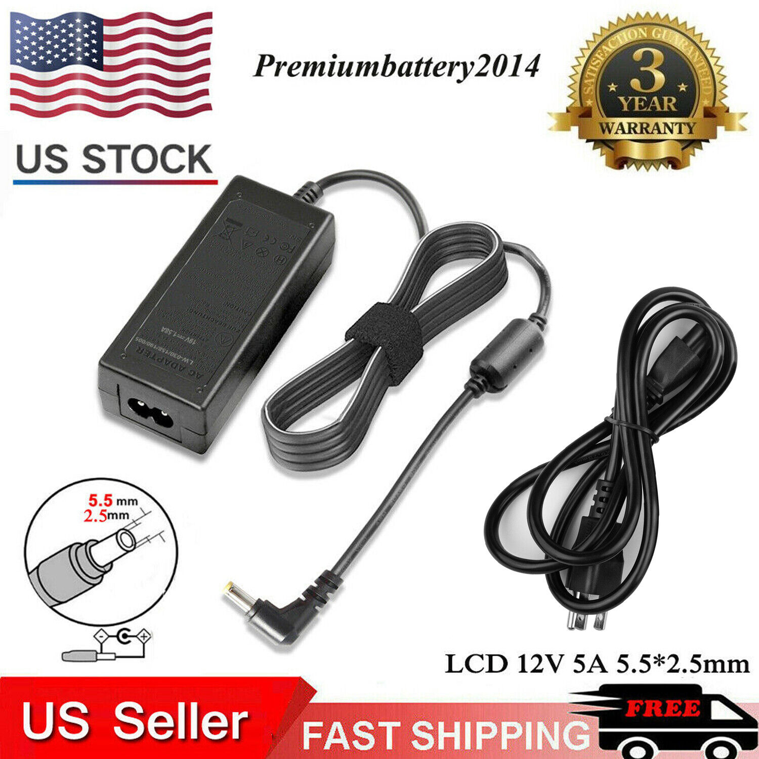 12 Volt 5 Amp 60W DC Power Supply AC Adapter Charger For PC LCD Monitor TV P