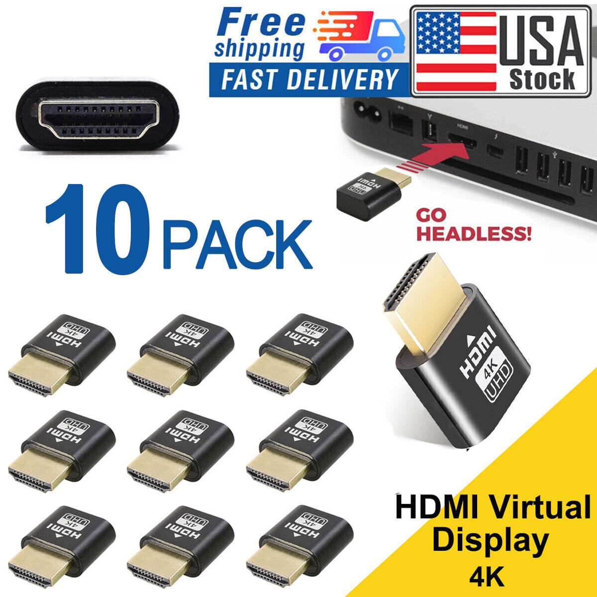 10pk 4K HDMI Dummy Plug Display Emulator Virtual Monitor Headless Adapter 1080P