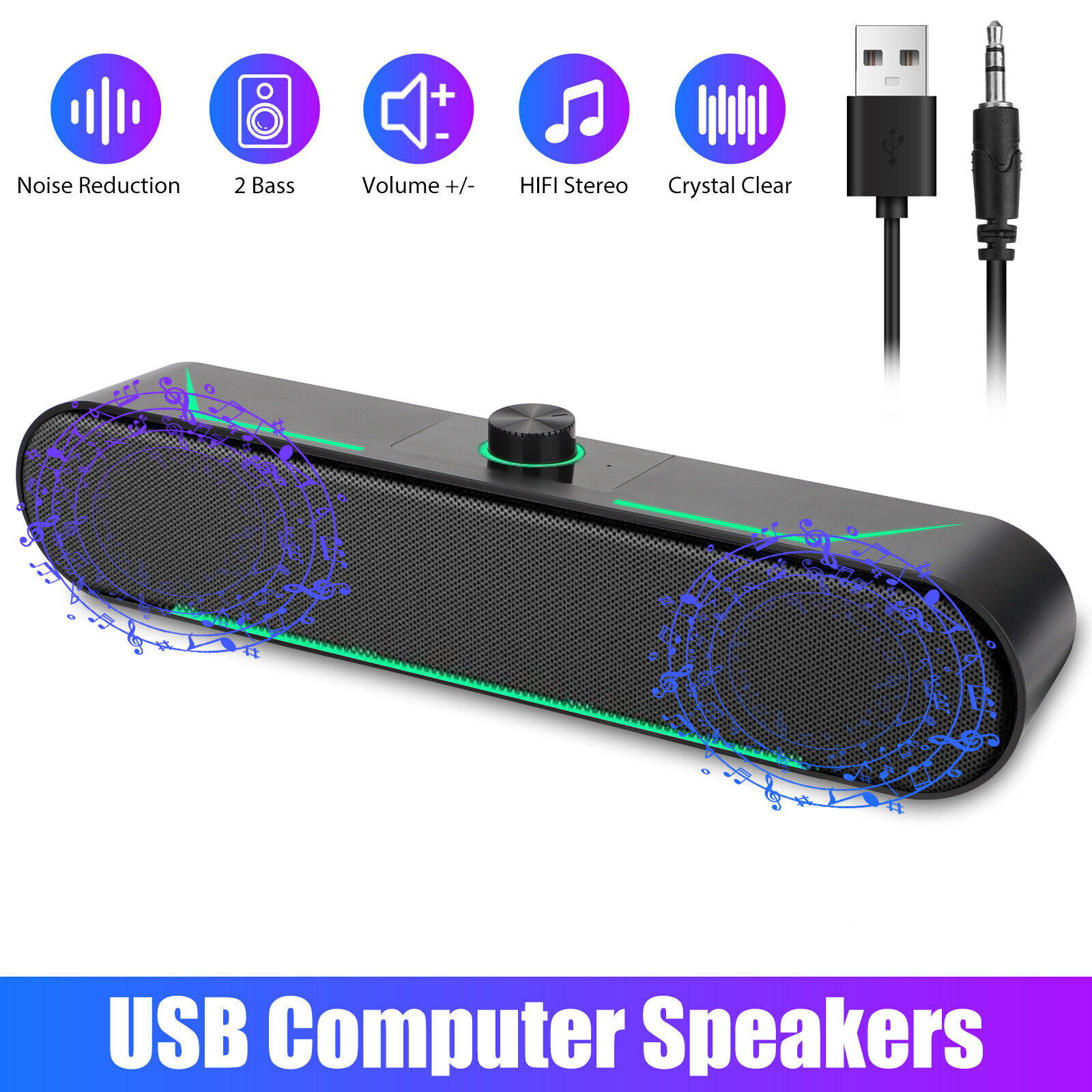 Stereo Bass Sound Computer Speakers 3.5mm RGB Wired Soundbar for Desktop Laptop