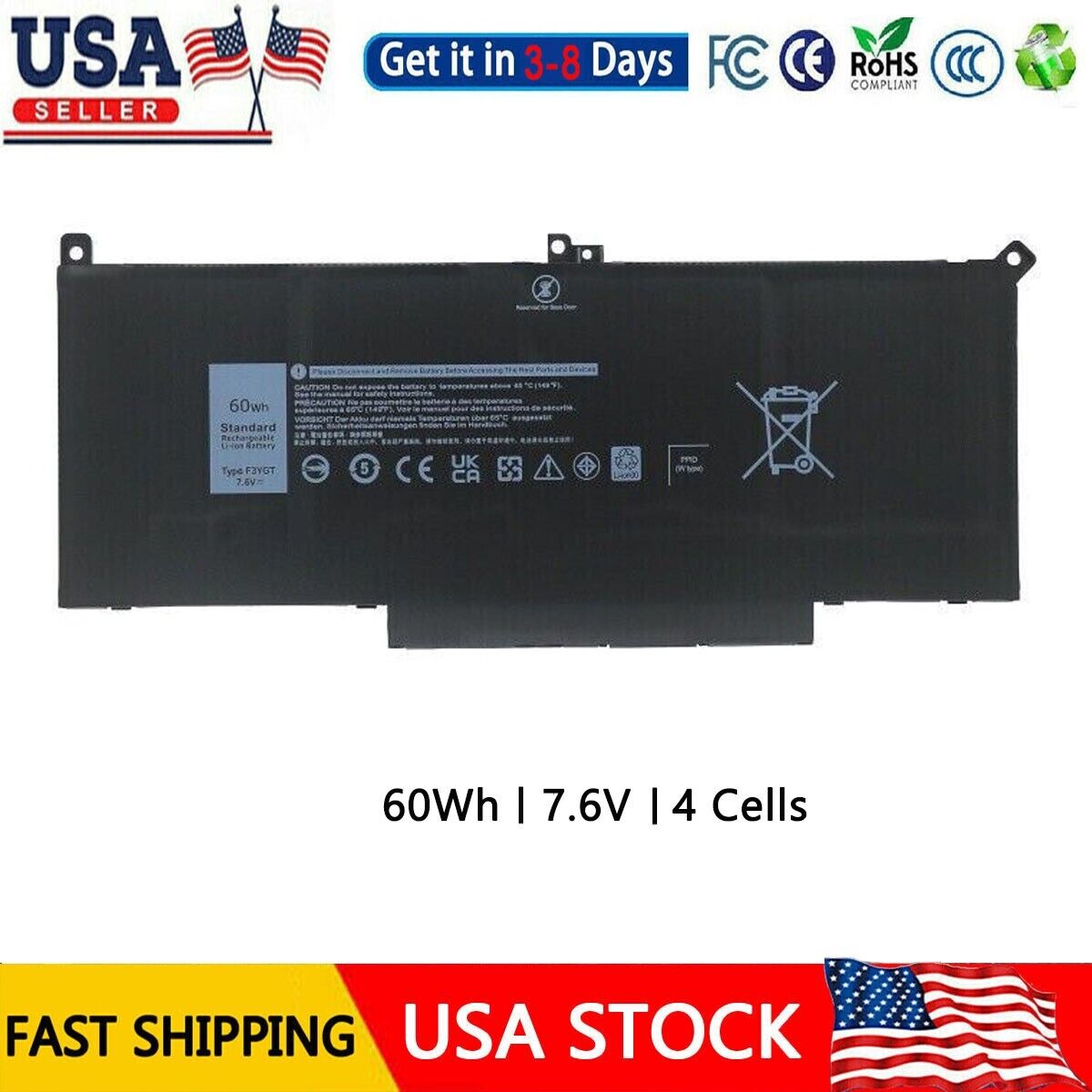 F3YGT Battery For Dell Latitude 12 7000 7280 7290 13 7380 7390 14 7480 7490 60Wh