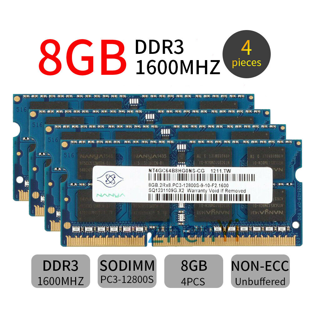 Nanya 32GB kit 4x 8GB PC3-12800S DDR3 1600MHz sodimm 204Pin Laptop Memory SDRAM