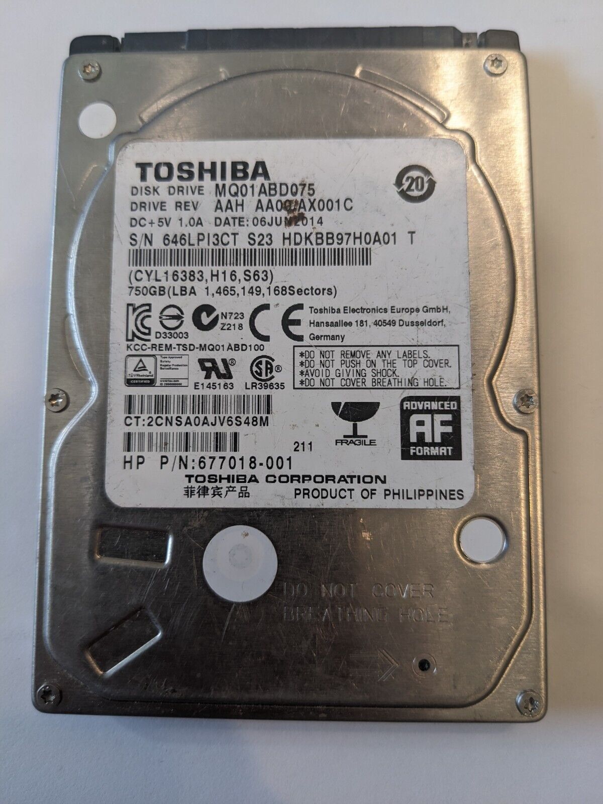 TOSHIBA MQ01ABD075 HP 677018-001 HARD DRIVE 750GB 5400RPM 