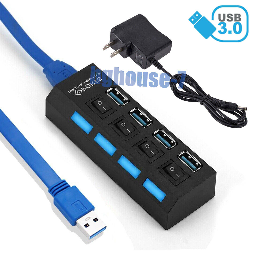4 Ports USB 3.0 HUB Splitter Adapter AC Power Cable with off Switch Super Speed