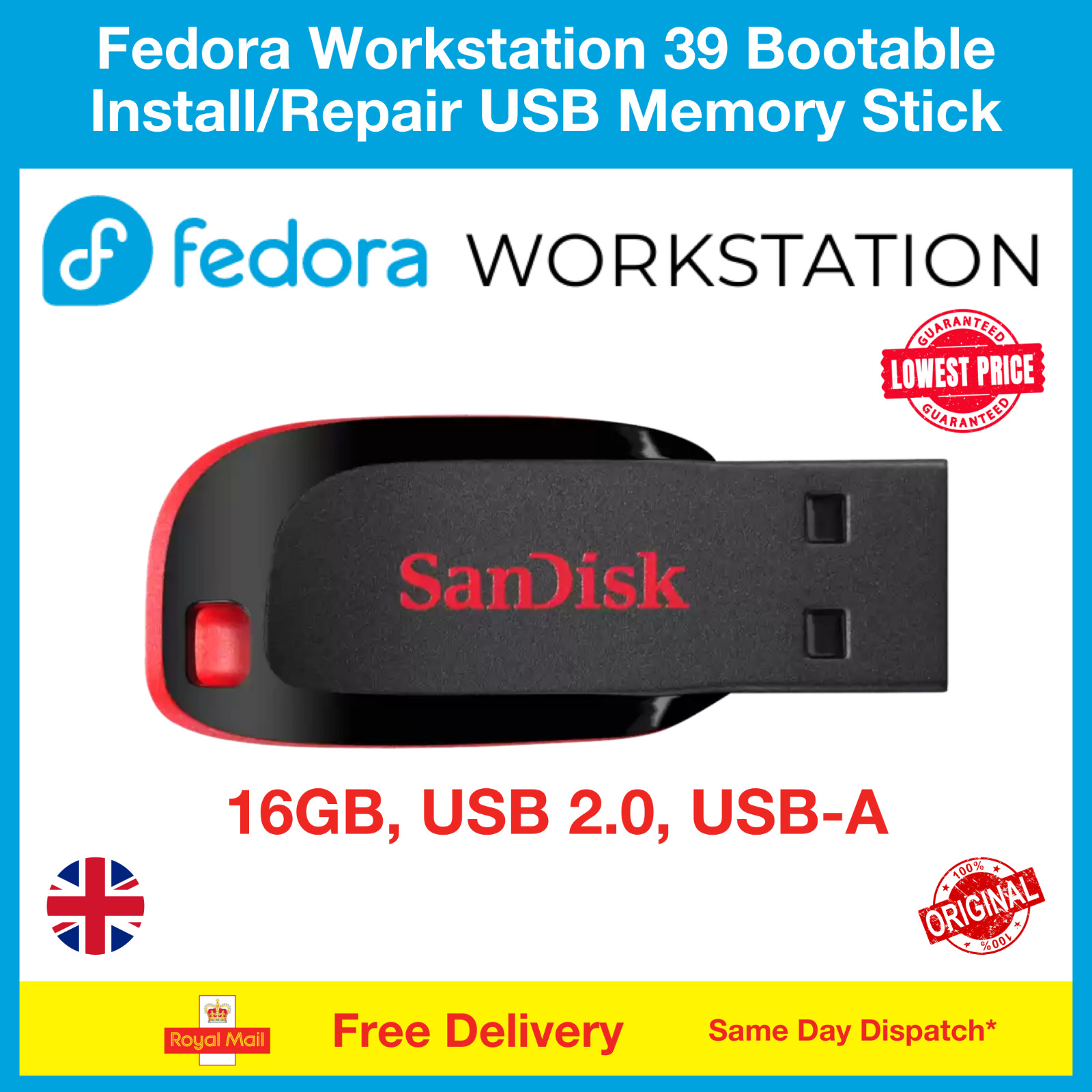 Fedora Workstation 39 Linux OS Live Install/Repair USB Flash Drive, 64 Bit