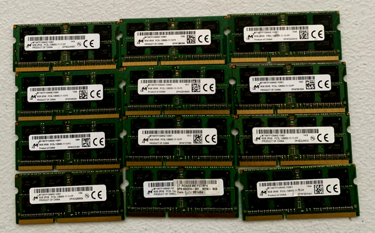 Lot of 12 Micron 96 GB (12x8GB) PC3L-12800S SO-DIMM Laptop Memory
