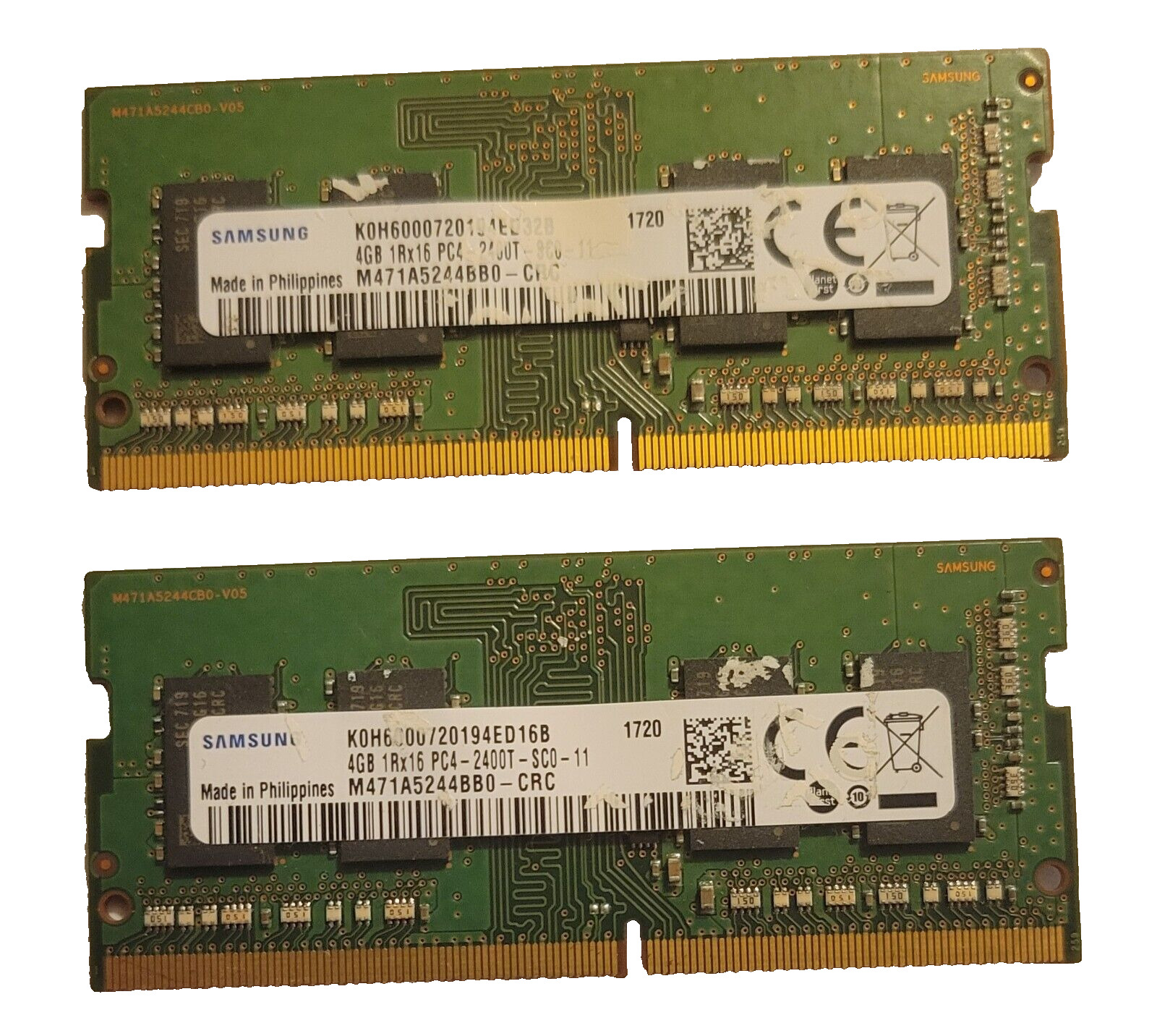 2x Samsung 4Gb 1Rx16 PC4-2400T SODIMM Laptop Memory Ram M471A5244BB0-CRC Used
