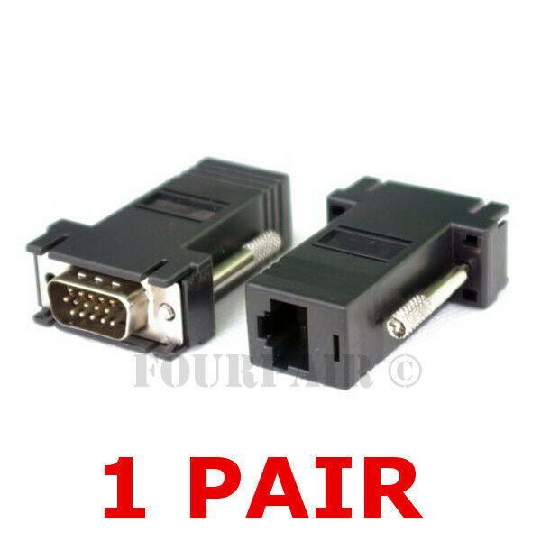 1 Pair (2 pcs) VGA SVGA to RJ45 Video Extender Adapters HD15 to CAT5e CAT6 100'