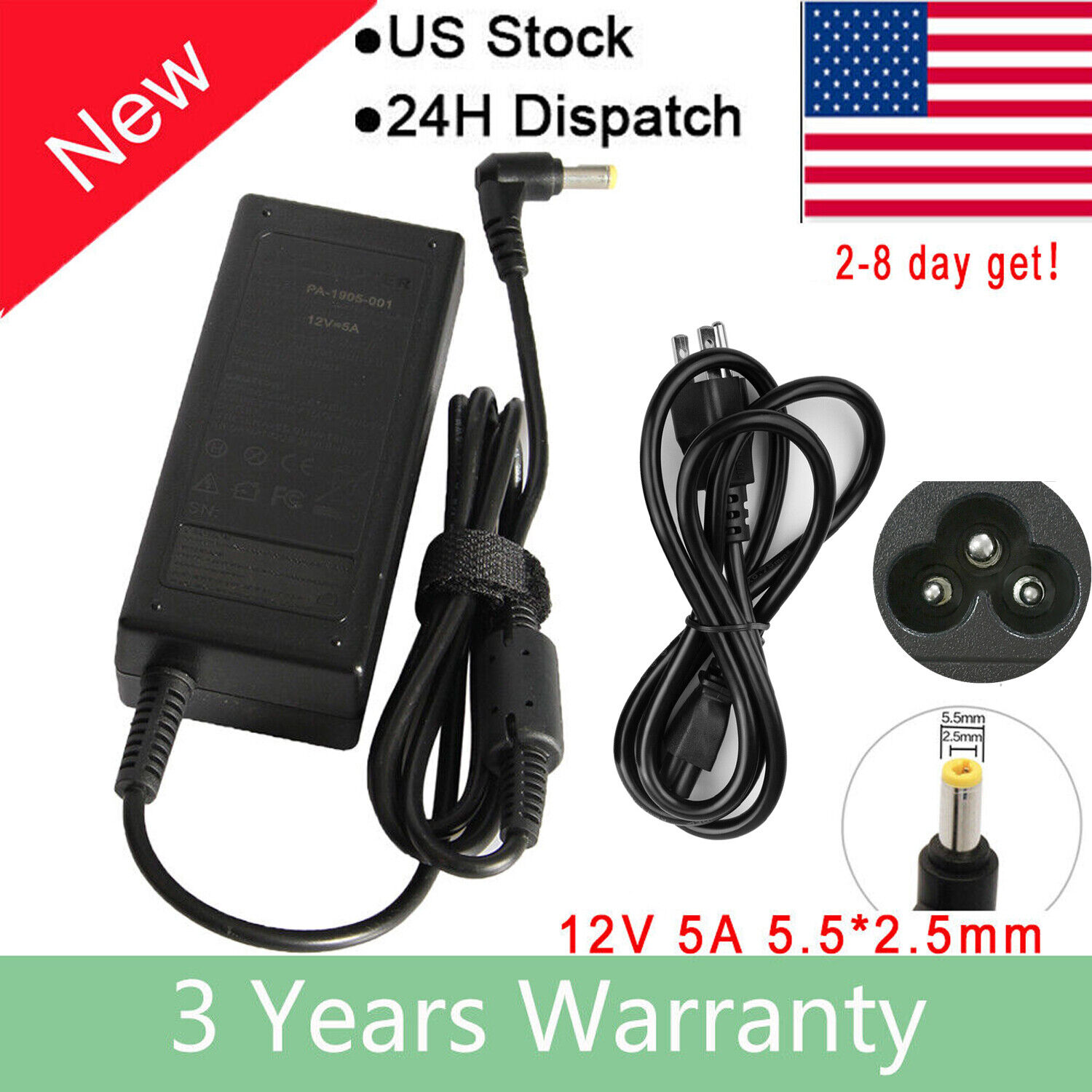 12V 5A AC DC Power Supply 5 Amp 12 Volt Adapter Charger LCD Screen 5.5*2.5mm F