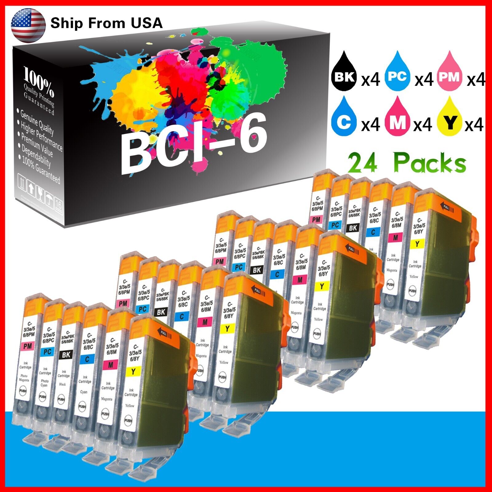 24-Pack BCI6 Ink Cartridge Fit for PIXMA iP6000 iP6600 iP4000 MP600 Printer