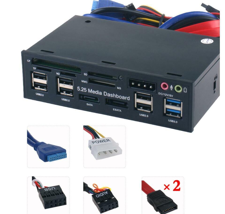 5.25'' PC Front Panel Dashboard Media USB 3.0 Hub Audio eSATA SATA Card Reader