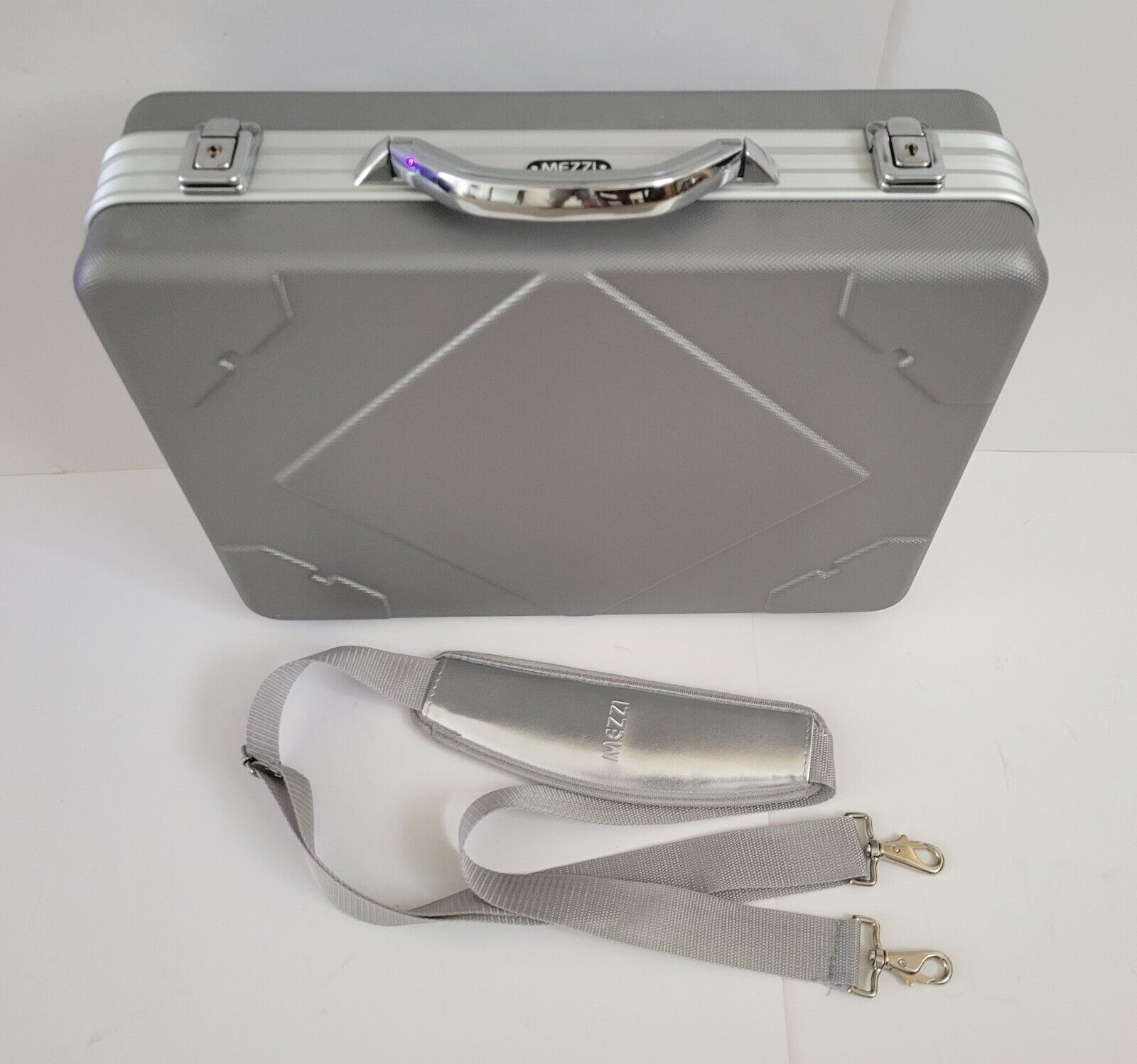 Mezzi Hard Aluminum Briefcase Laptop Case Organizer Silver with Shoulder Strap