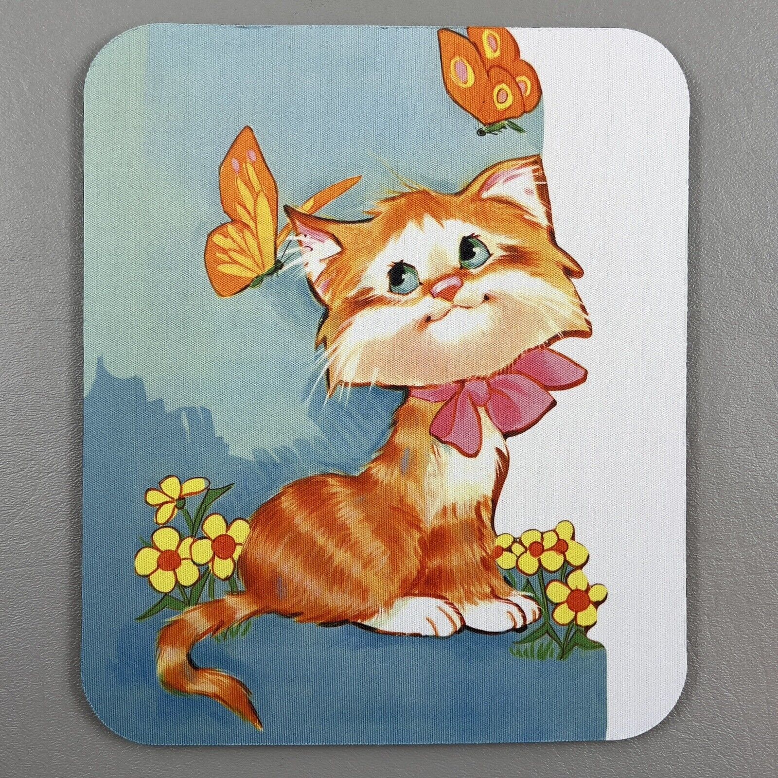 Vintage Insipred Cartoon Orange Tabby Cat Kitten Mouse Pad Retro Butterflies