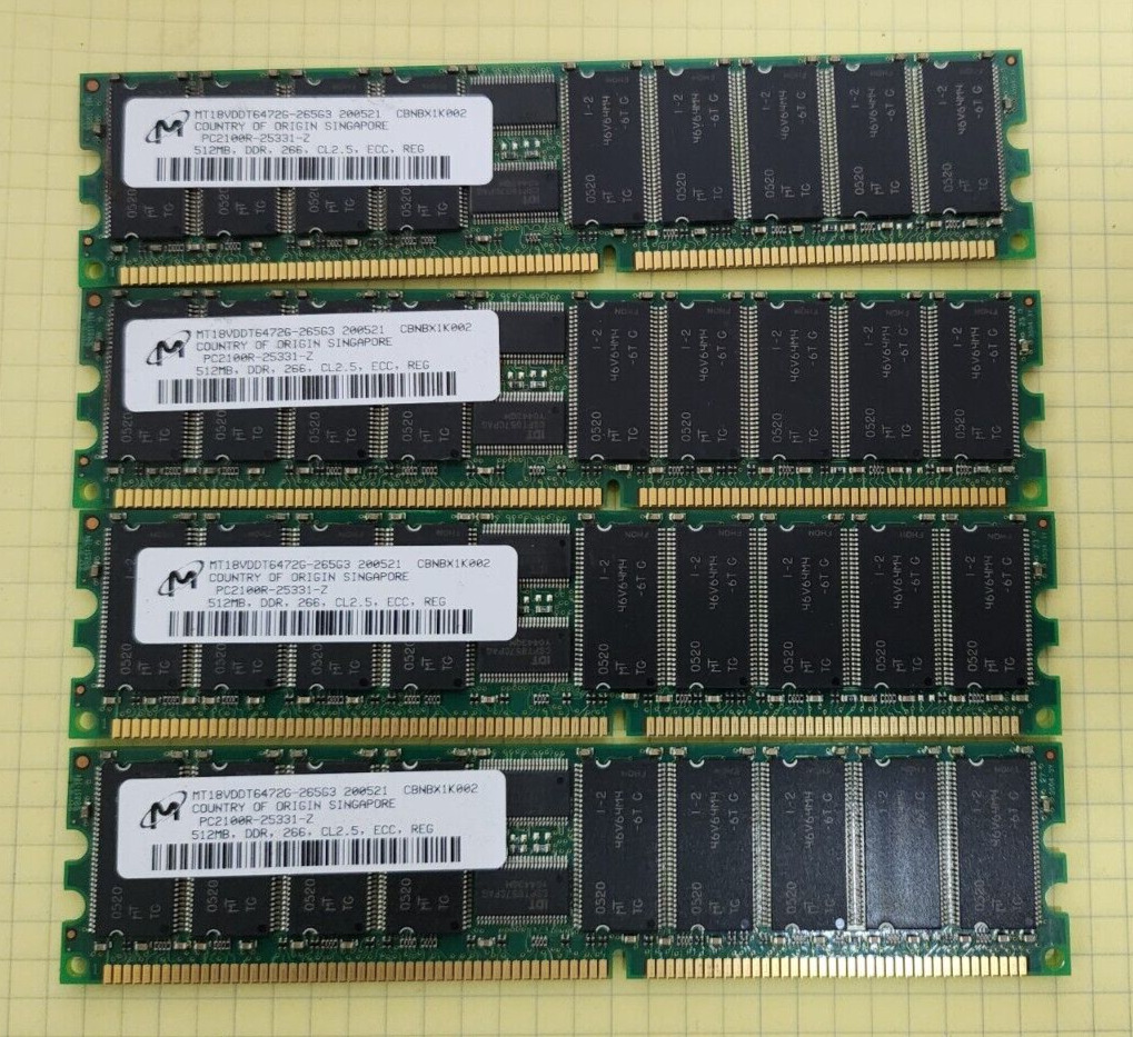 4x Micron MT18VDDT6472G-265G3 512MB DDR-266MHz CL2.5 ECC REG PC2100R Memory