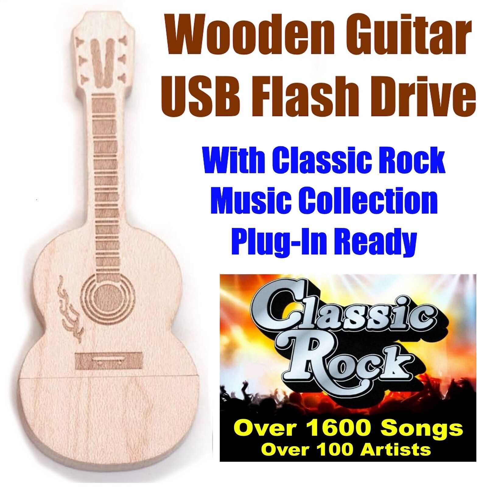 Wood Guitar USB Flash Drive , 60s 70s 80s Classic Rock Music Collection, Digital