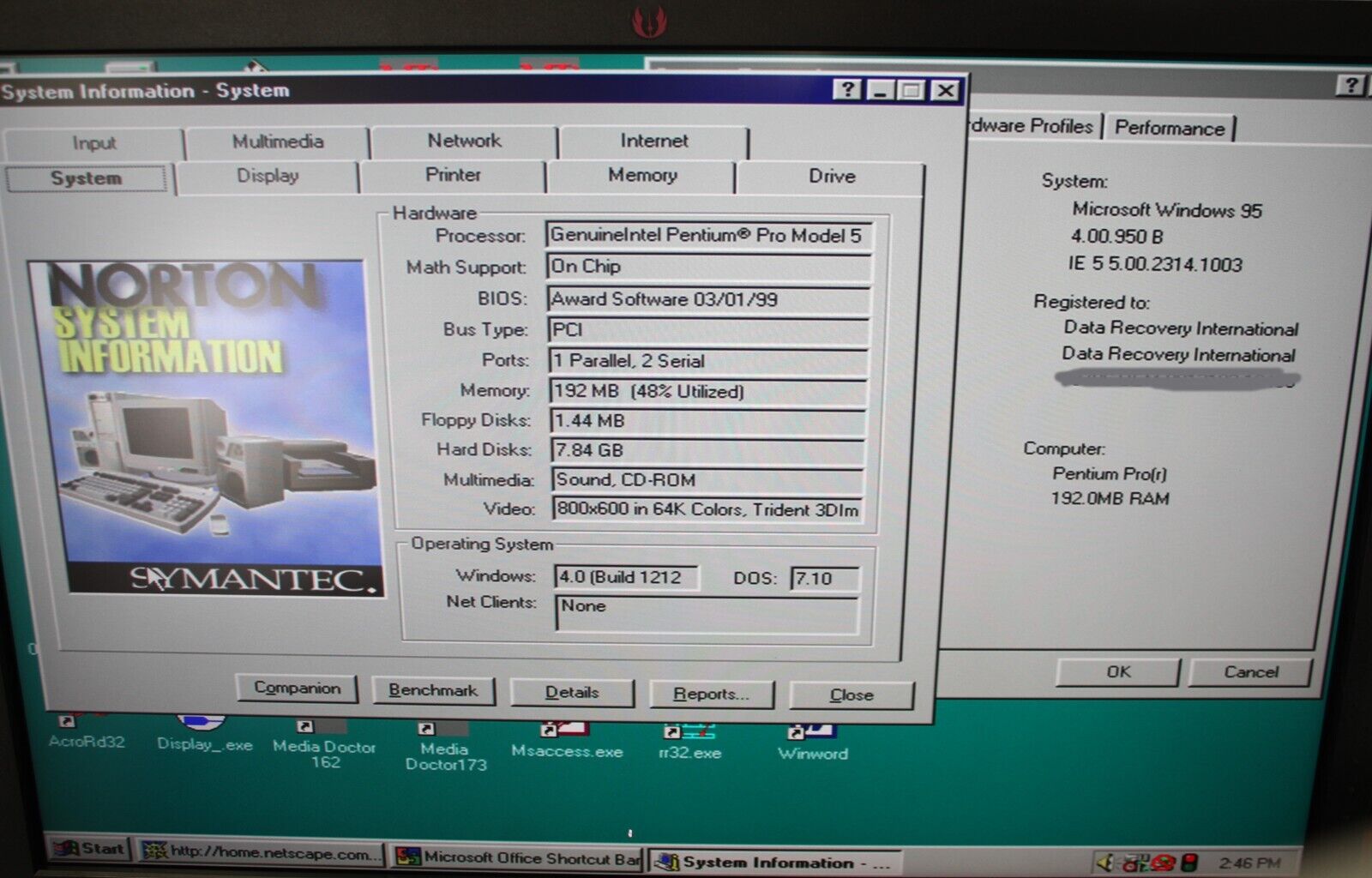 Vintage PC Pentium Pro Model 5 350Hz 192MB RAM w/ extension cards running win95