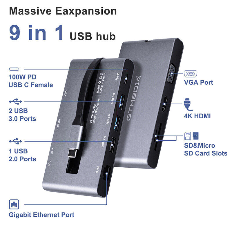 US GTMEDIA 9-in-1 Hub Type C to USB 3.0 4K HDMI USB-C RJ45 VGA PD TF Adapter 