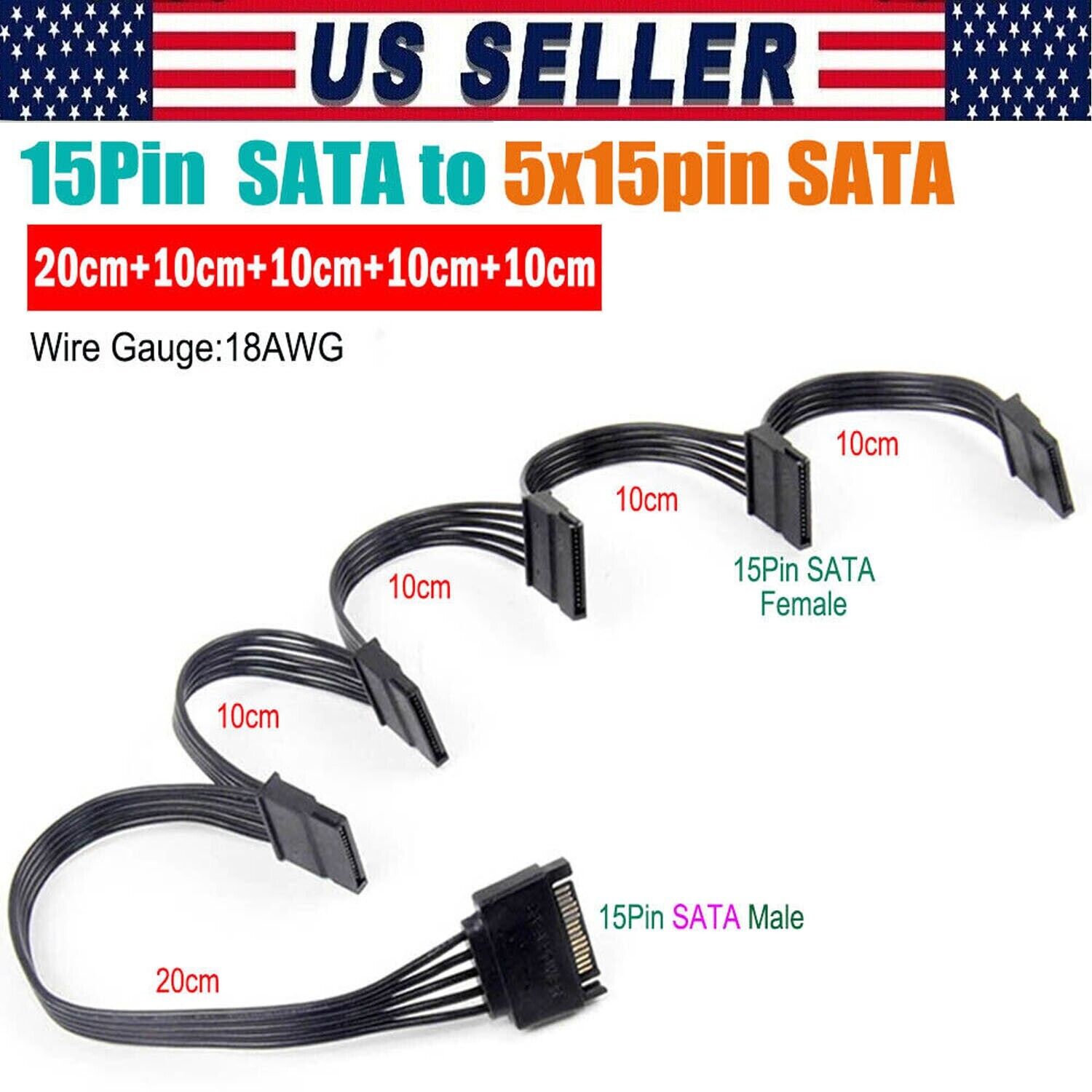 15 Pin SATA Power Y-Splitter Cable Adapter Extension 1 Male to 5 Female for HDD