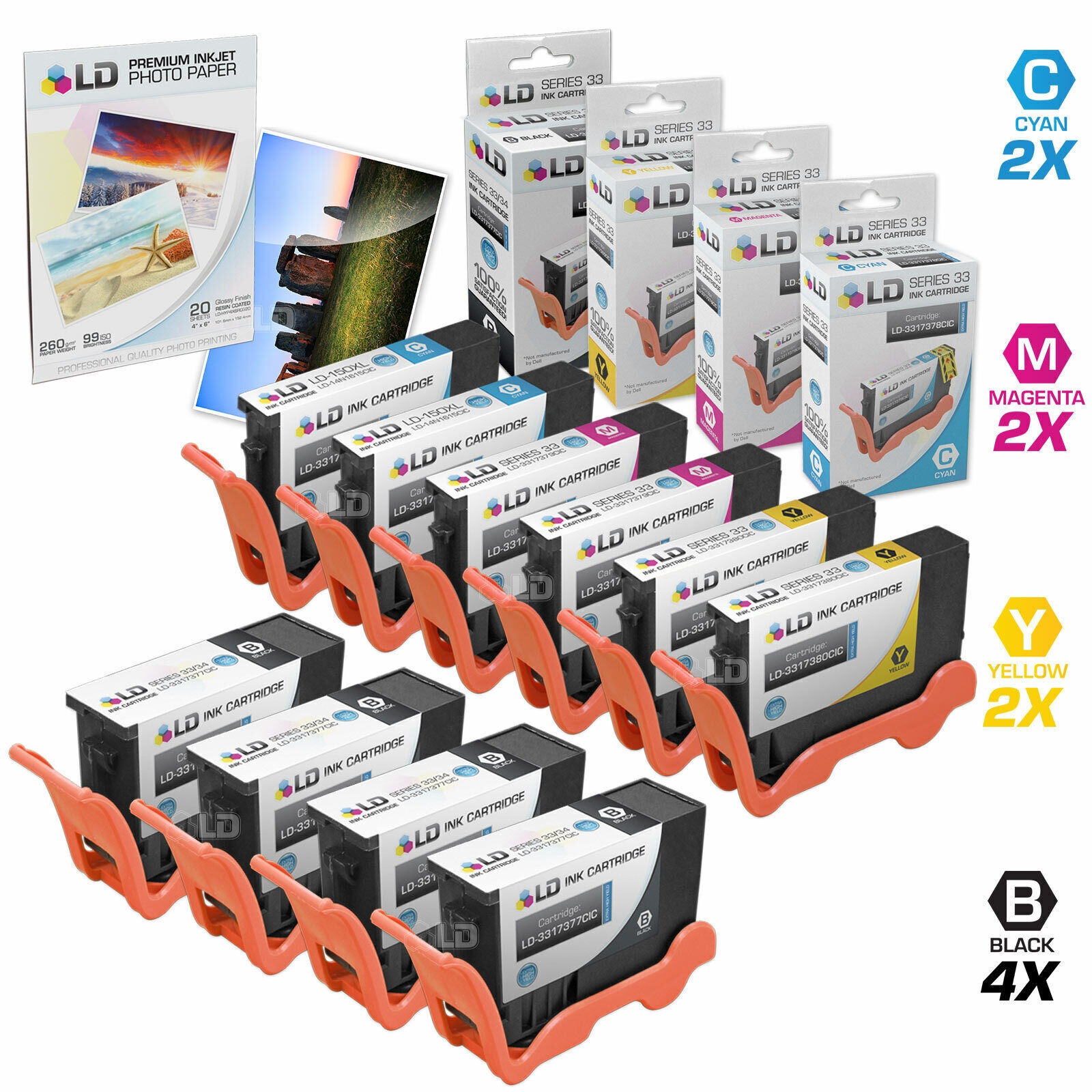 LD Ink Cartridges for Dell 33/34 Series V525W V725W Set of 10 Extra High Yield