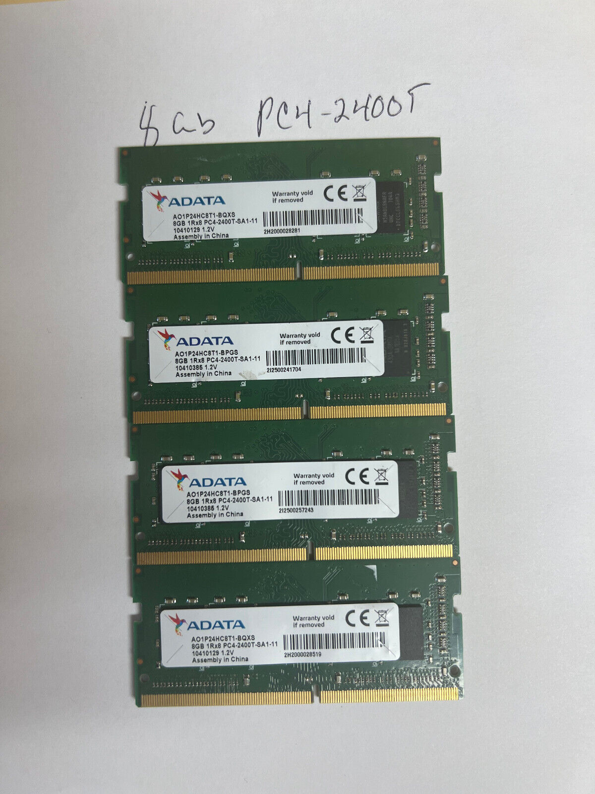 LOT OF 4 ADATA 8GB 1RX8 PC4-2400T-SA0-11 AO1P24HC8T1-BQXS