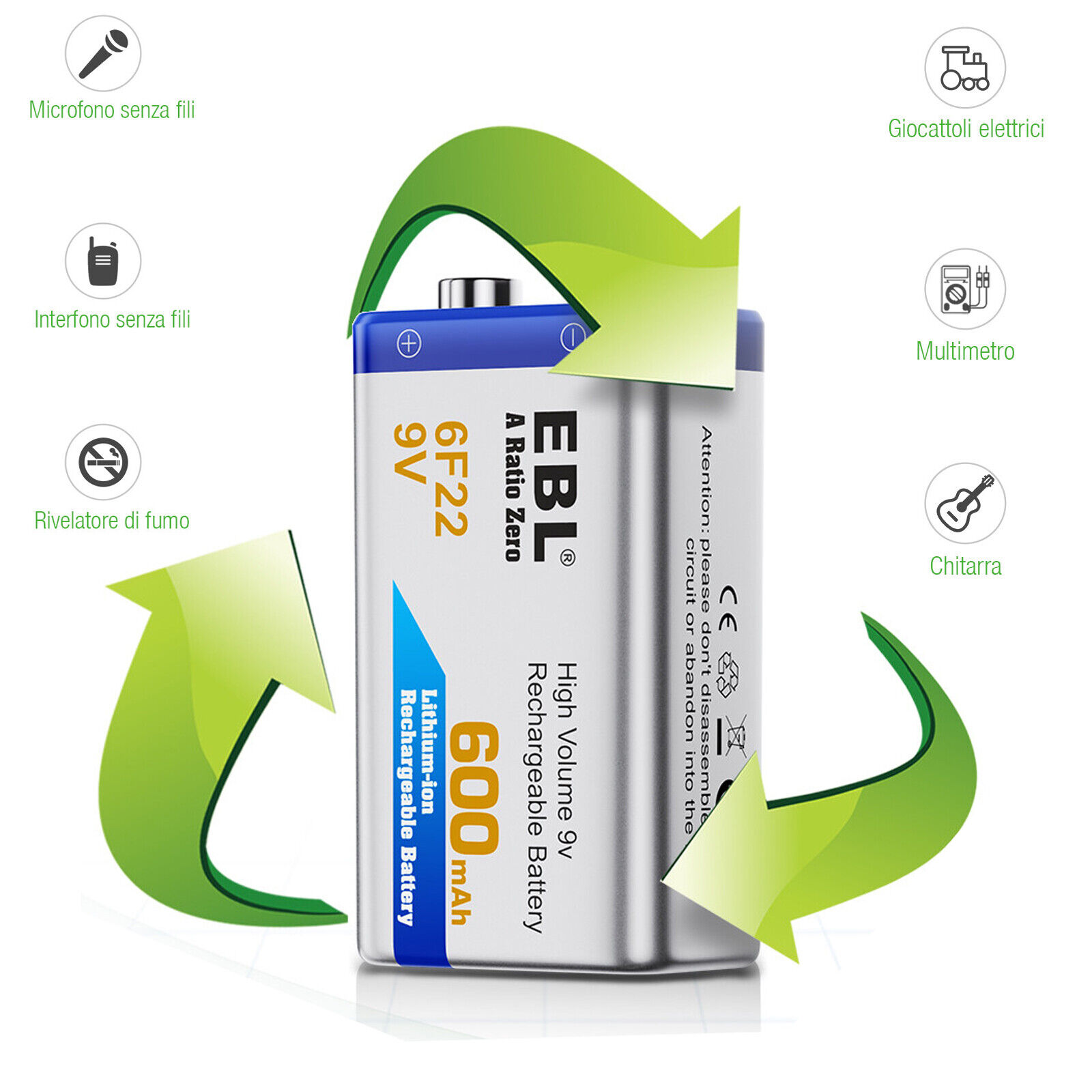 EBL 600mAh 9V 6F22 Rechargeable Batteries 9 Volt Li-ion Battery For Toy MIC 1PC