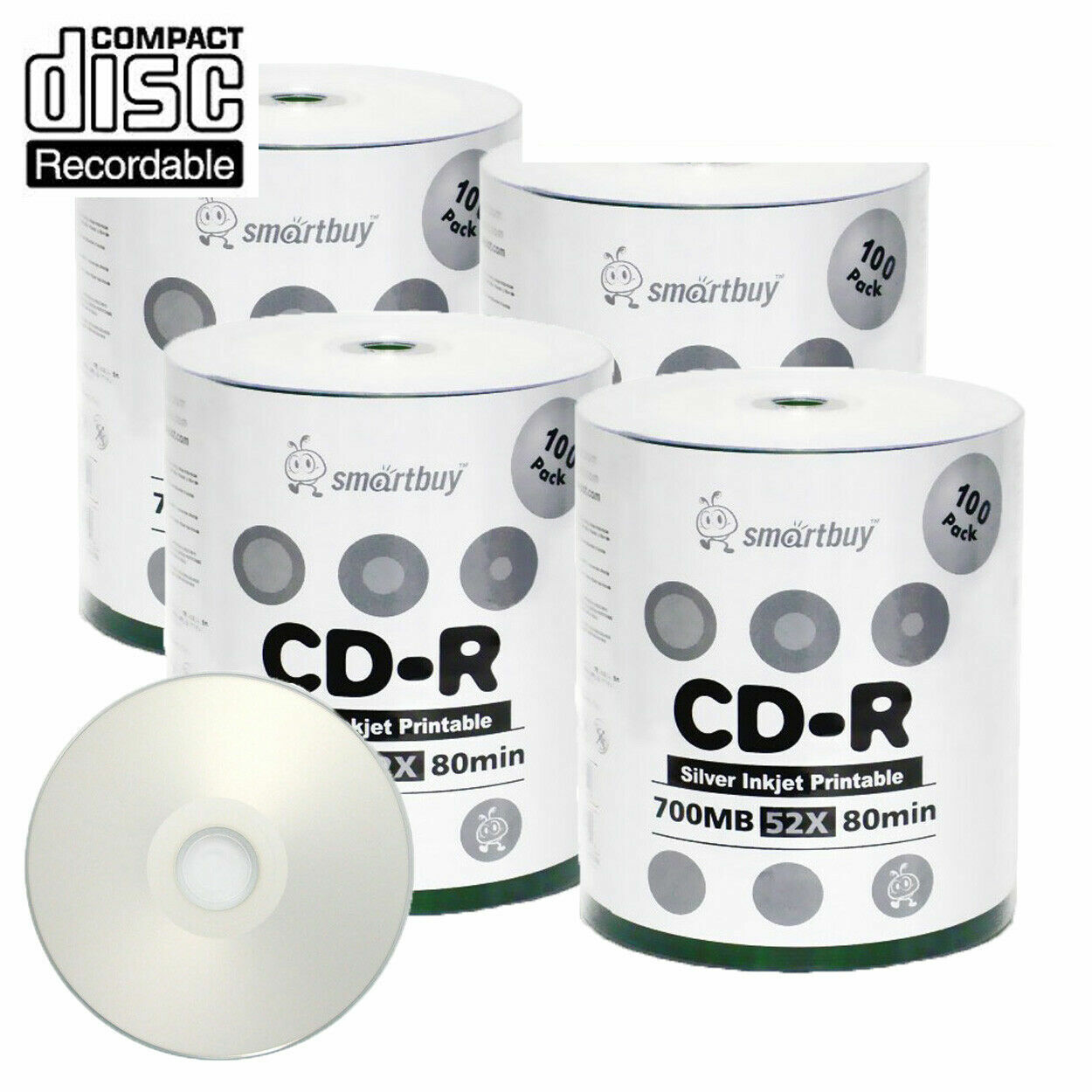 400 Smartbuy CD-R 52X 700MB/80Min Silver Inkjet Printable Blank Recording Disc