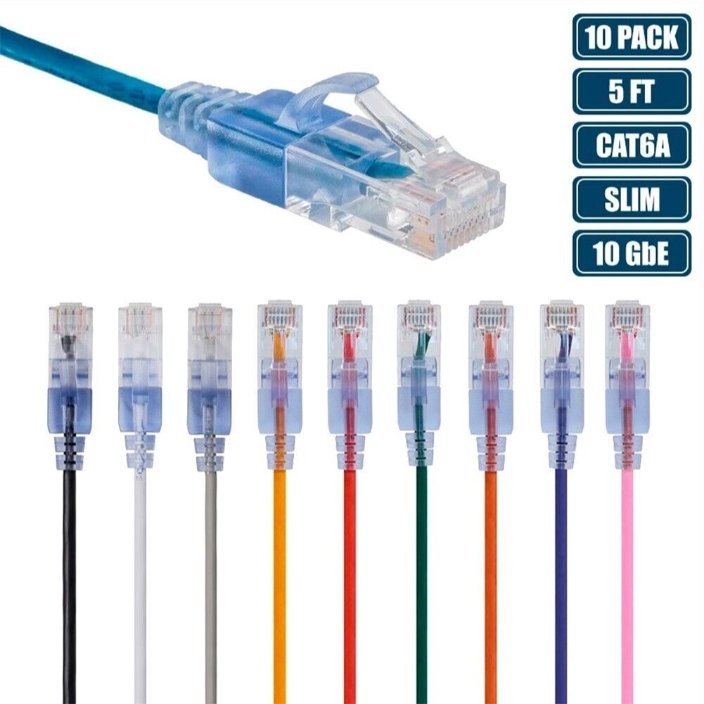 10x 5FT CAT6A RJ45 Ethernet LAN Network Patch Cable Slim Copper 30AWG 10-COLOR
