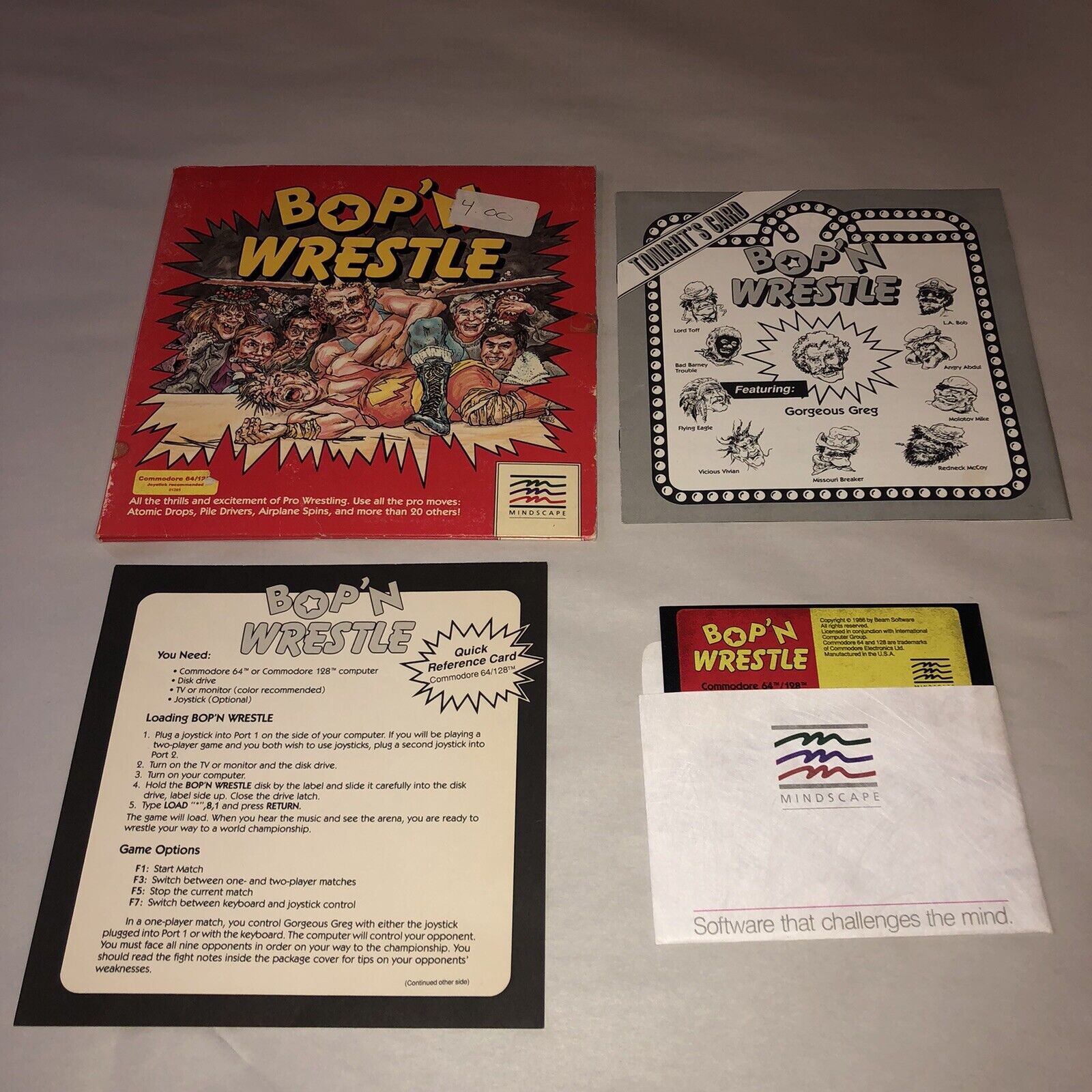 UNTESTED Bop \'N Wrestle Mindscape, 1986 Commodore 64/128 Complete in Box 5.25”