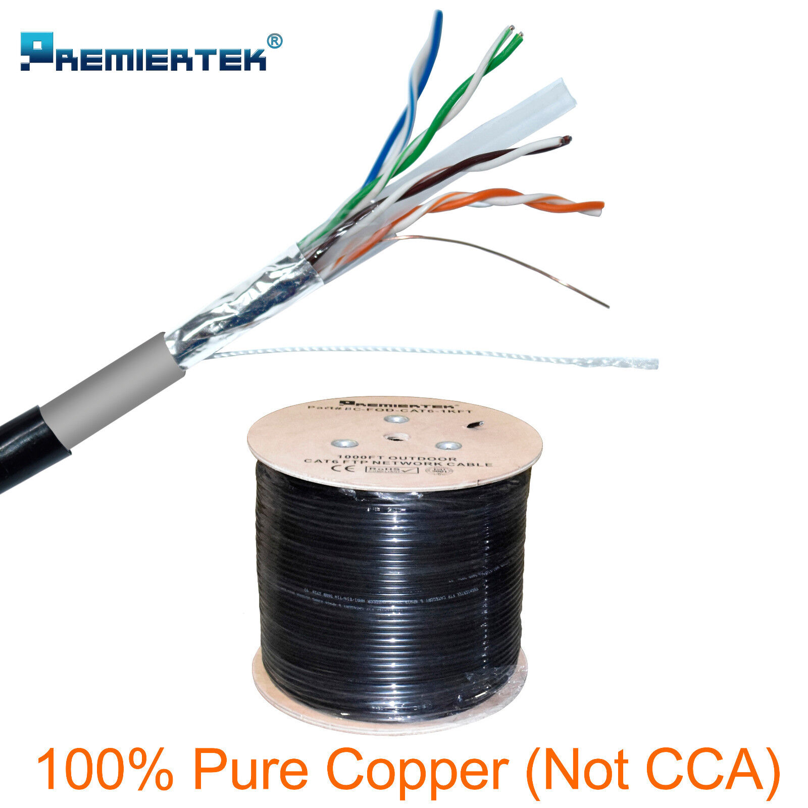 Pure Copper FTP CAT6 1000FT Shielded Outdoor 23AWG Cable Solid Direct Burial UV 