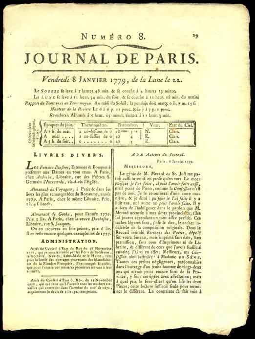 JOURNAL de PARIS AMERICAN REVOLUTIONARY PERIOD 1779 MEASURES APPROX 9 x 14\