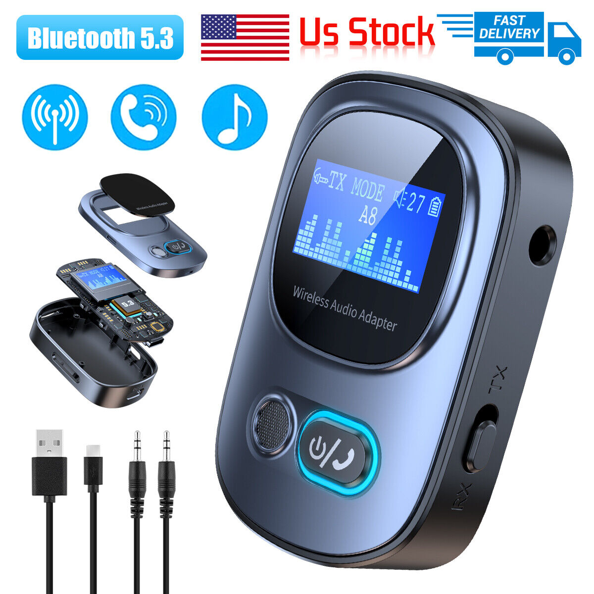 Portable Bluetooth 5.3 USB Wireless Transmitter Receiver Audio Adapter 3.5mm Aux