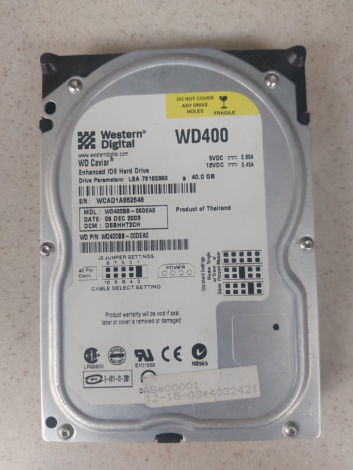 Computer Western Digital WD400 MY-02K044 40GB WD Protege IDE Hard Disk Drive