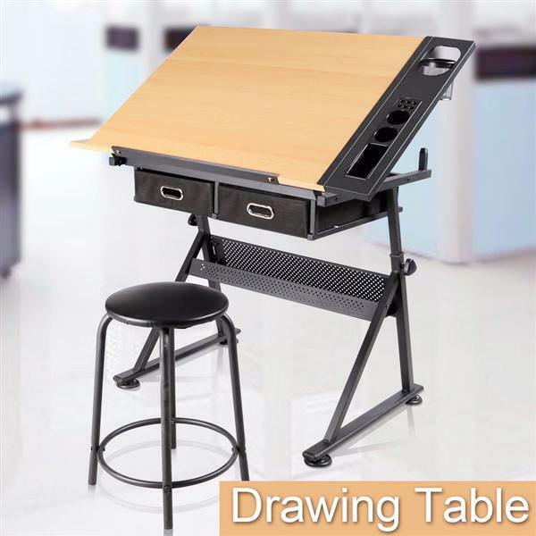 Height Adjustable Drafting Table Drawing Art Desk Artist Desk w/Stool &2 Drawers