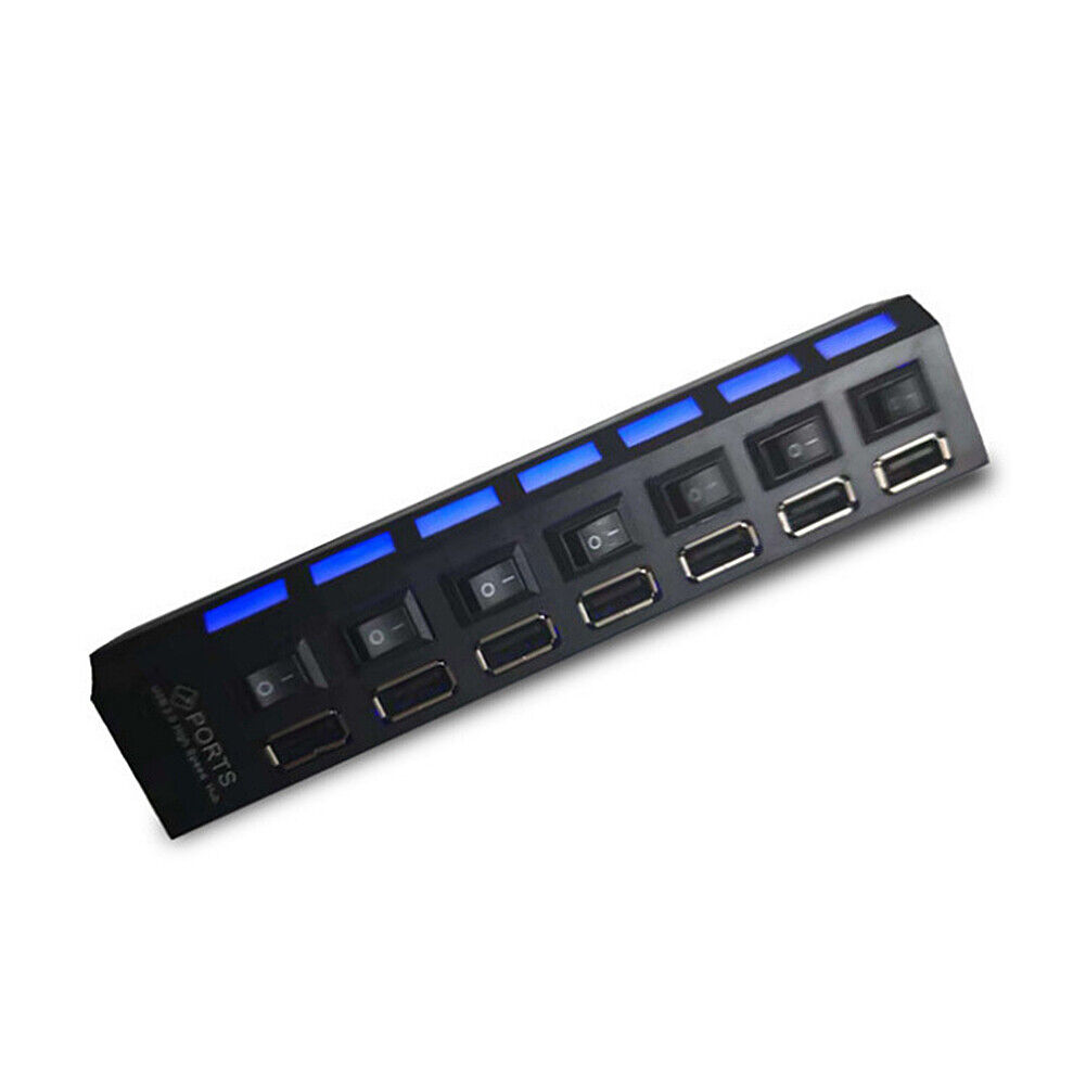 US 7 Port USB 2.0 Multi Charger Hub High Speed Adapter ON/OFF Switch Laptop/PC