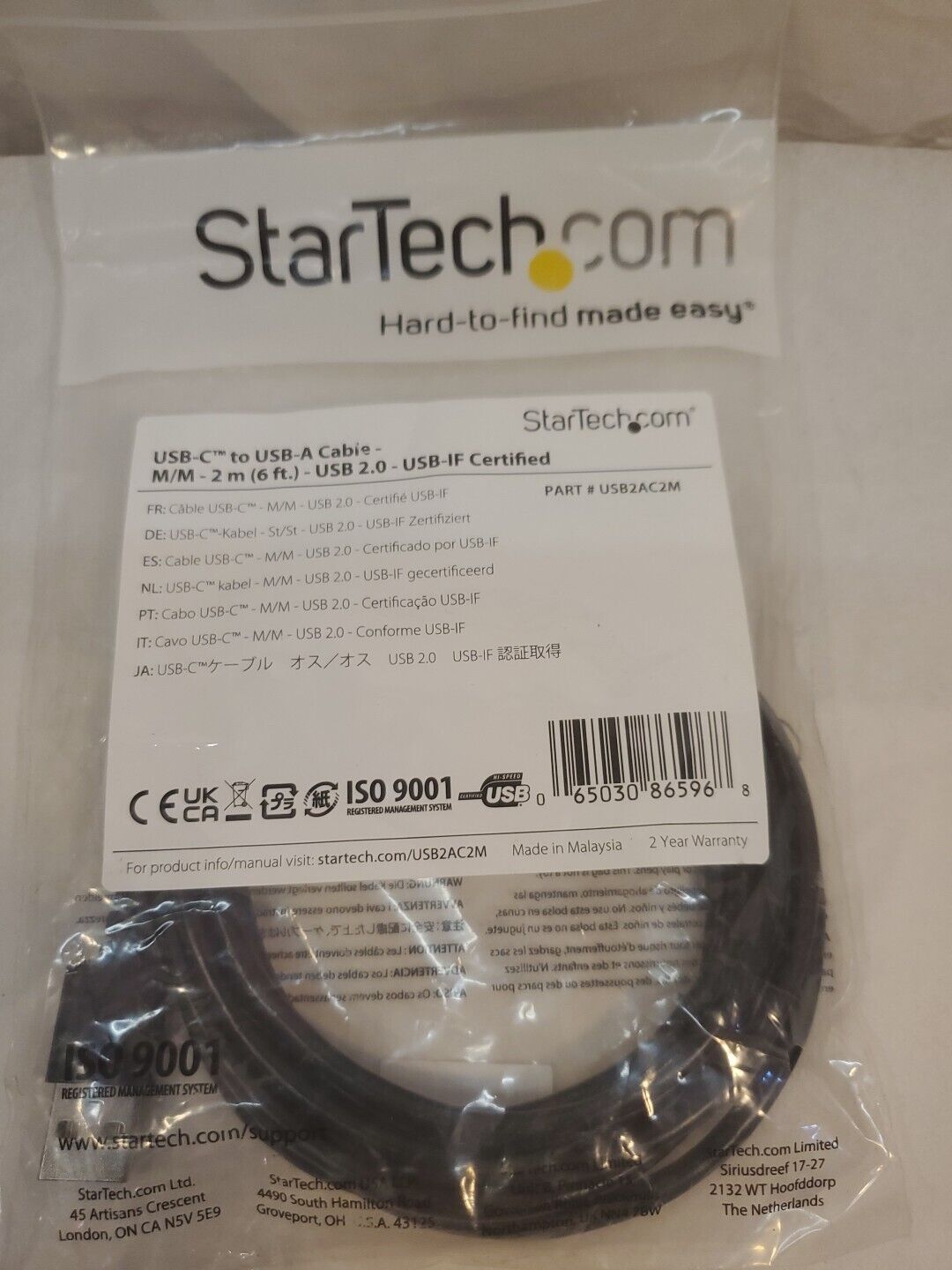 StarTech.com 2m 6 ft USB C to USB A Cable - M/M - USB 2.0 - USB Type-C to A