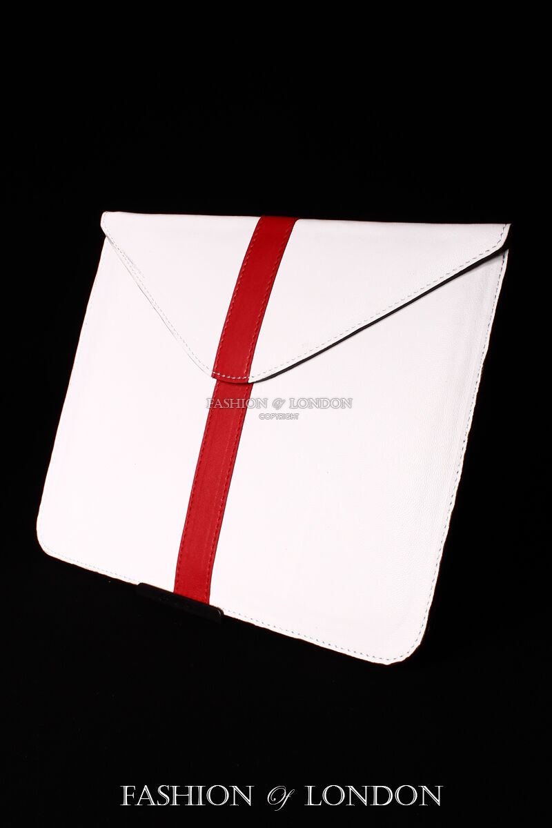 iPad Sleeve 1 2 3 4 5 AIR White Red Stripe Lambskin Genuine Leather Cover Pouch