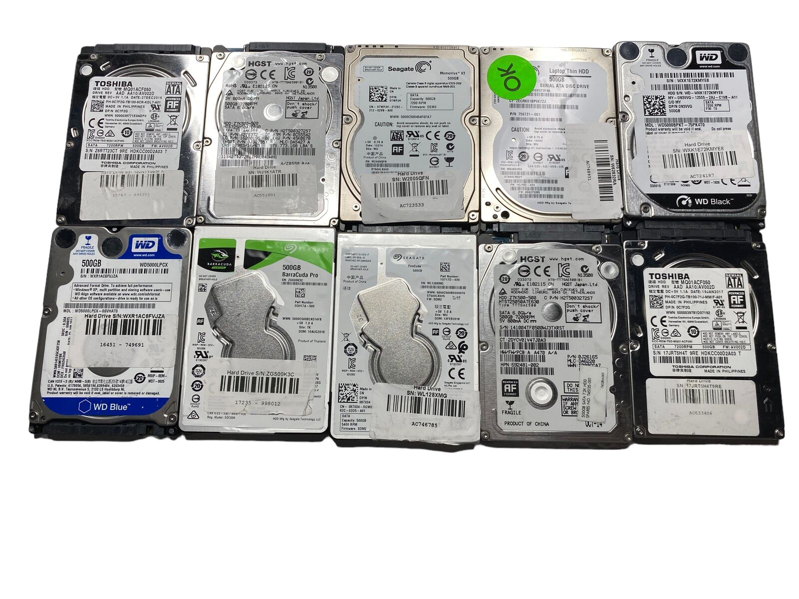 Lot of 10 Mixed Brand Model 500GB 2.5