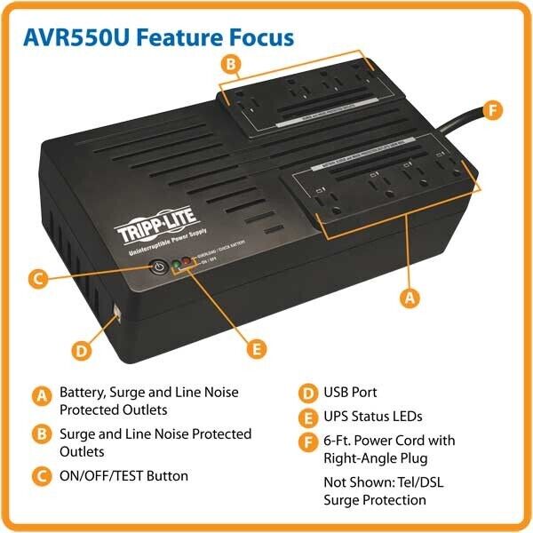 NEW Tripp Lite AVR550U 8 Out 550 VA 420 J AVR Ultra-Comp Line-Interact UPS USB