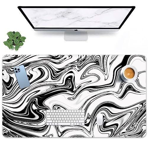 Large Gaming Mouse Pad Black and White Marble Non-Slip Desk Pad Keyboard and
