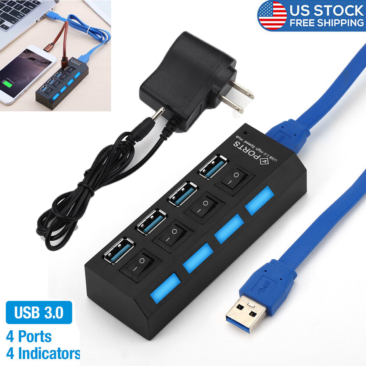 4 Ports Splitter USB 3.0 Hub with Power Adapter On/Off Switch For Laptop PC