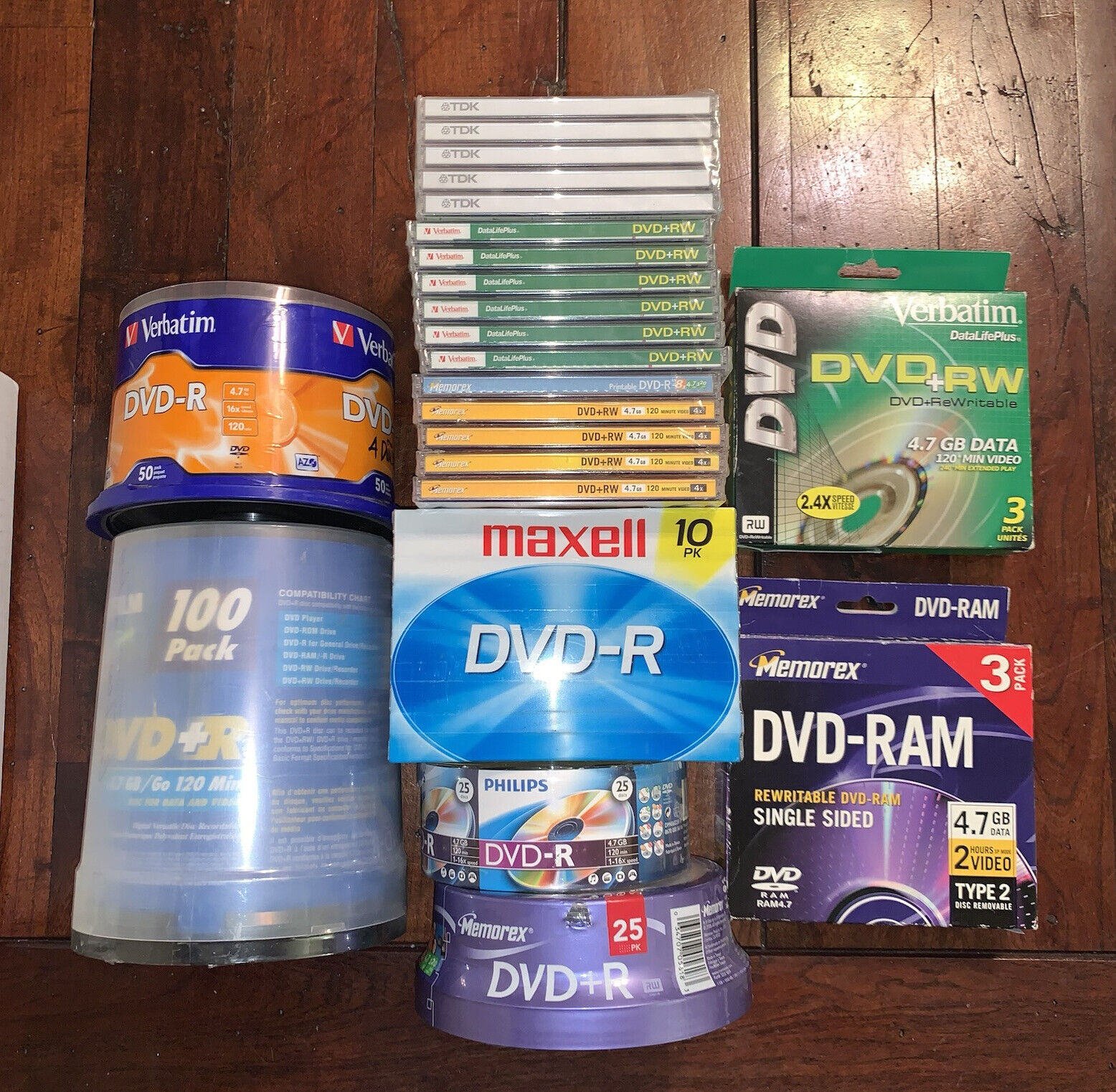 Huge Lot of 232 NEW Recordable Blank DVDs Discs DVD-R DVD+R DVD+RW Philips TDK
